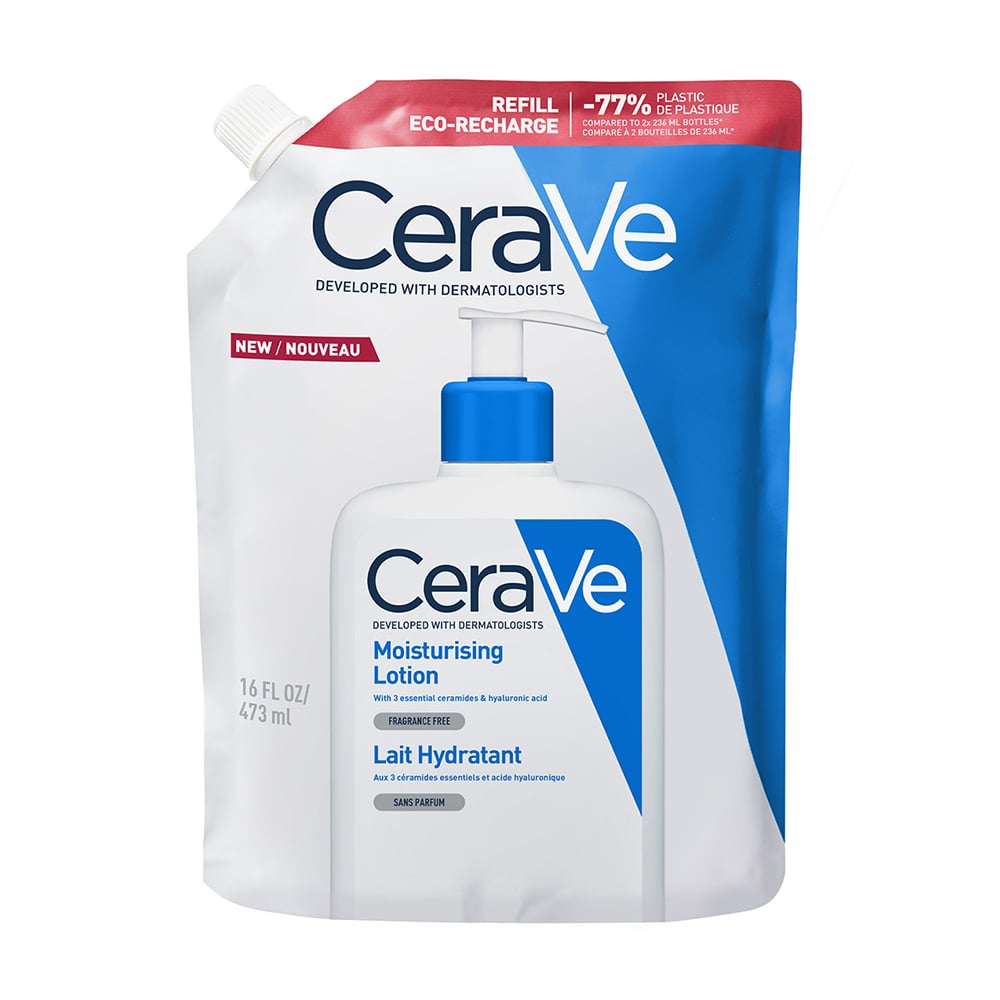 Зволожувальне молочко для обличчя та тіла CeraVe Refill для сухої та дуже сухої шкіри, 473 мл (дой-пак)